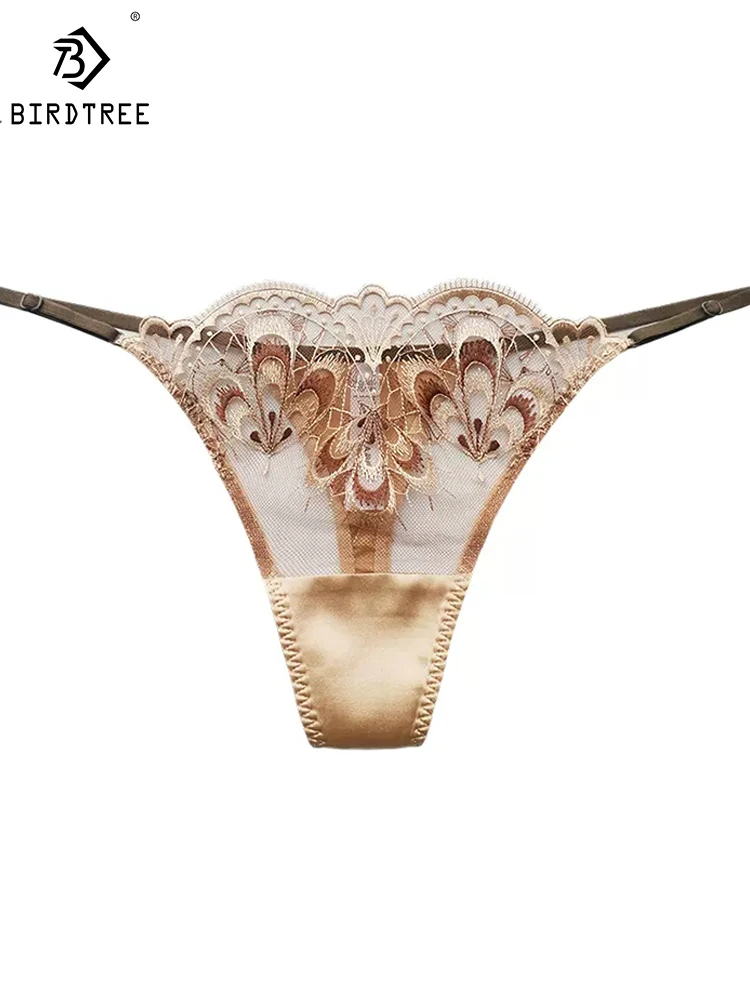 

BirdTree 93%Real Silk Low Rise Thongs,Women's Sexy French Lace Comfortable Breathable Traceless Panties,2024 Summer New P41954QD