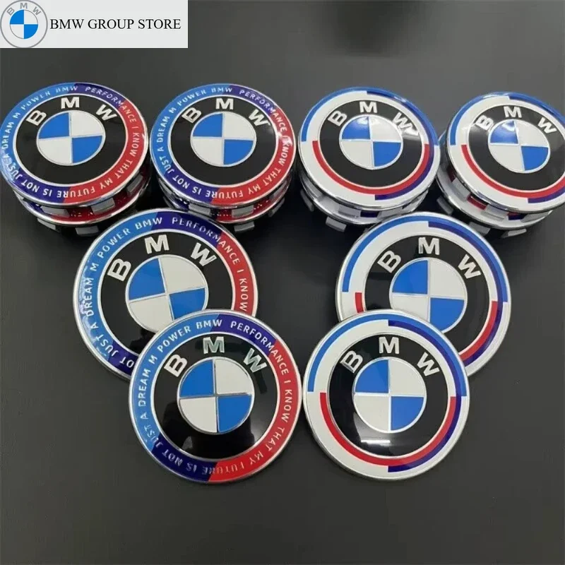 

BMW GROUP 1/4/7Pcs BMW 50Th Anniversary Front Cover Badge 82MM + Rear Badge 74MM + Hubcap 56MM + Steering Wheel Sticker 46MM