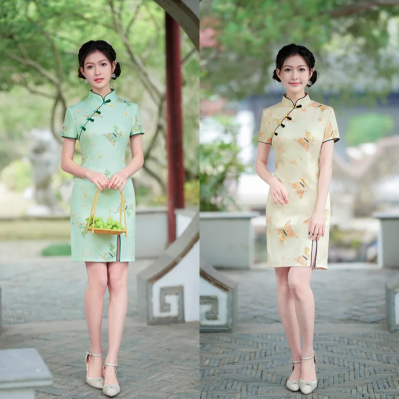 2023 Spring Short Elegant Daily Apricot Cheongsam Young Girls Photograph Improved Chinese Style Evening Qipao Dress for Women