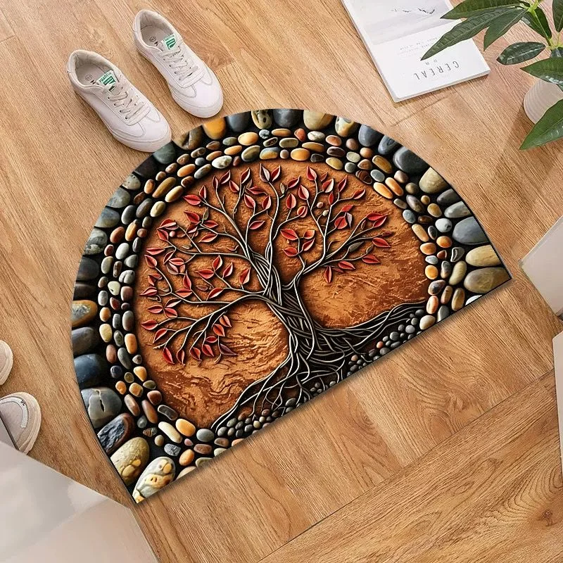VIKAMA Half Round Tree of Life Red Leaves Doormat 3D Embossed Vintage Non Slip Entrance Rug Front Door Floor Mat Welcome Rug