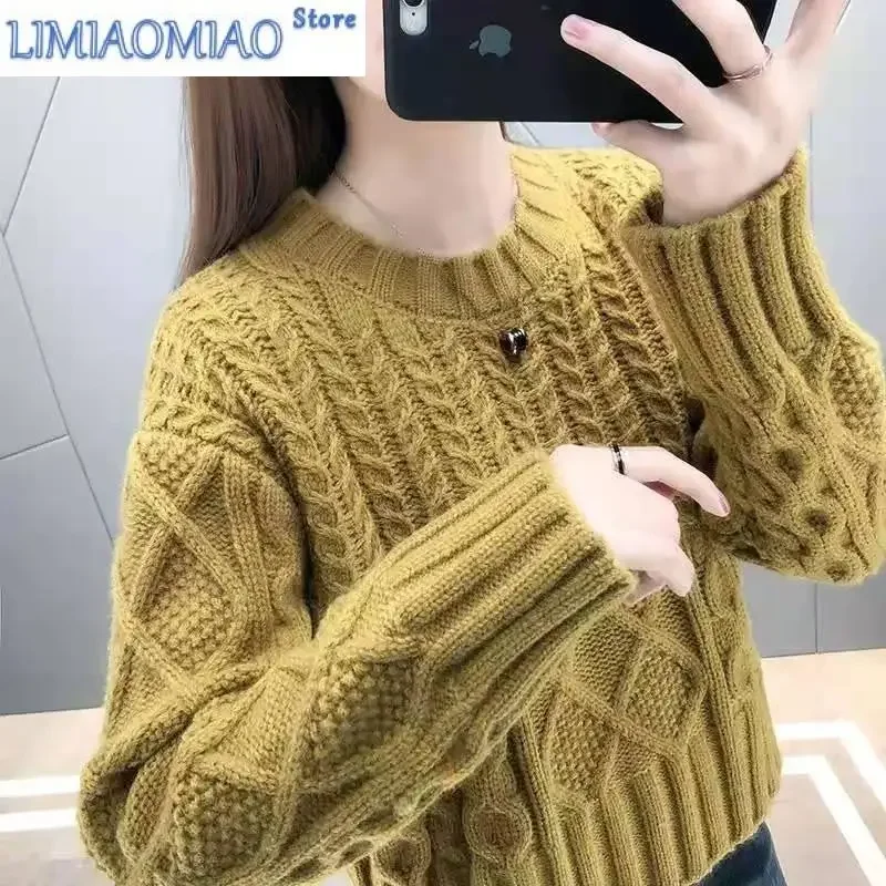 

New Solid Fried Dough Twist Knitting Bottoming Shirt Women Classic Long Sleeve Loose O-collar Autumn Winter Pullover Sweaters