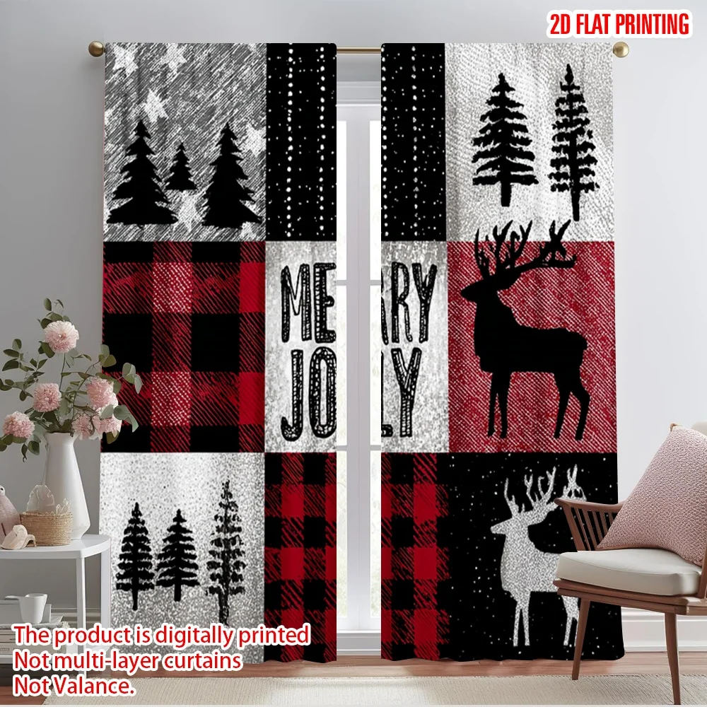2pcs,2D plane printing Pattern Curtains Black and white checkered reindeer and Christmas tree Versatile 100% Polyester (without