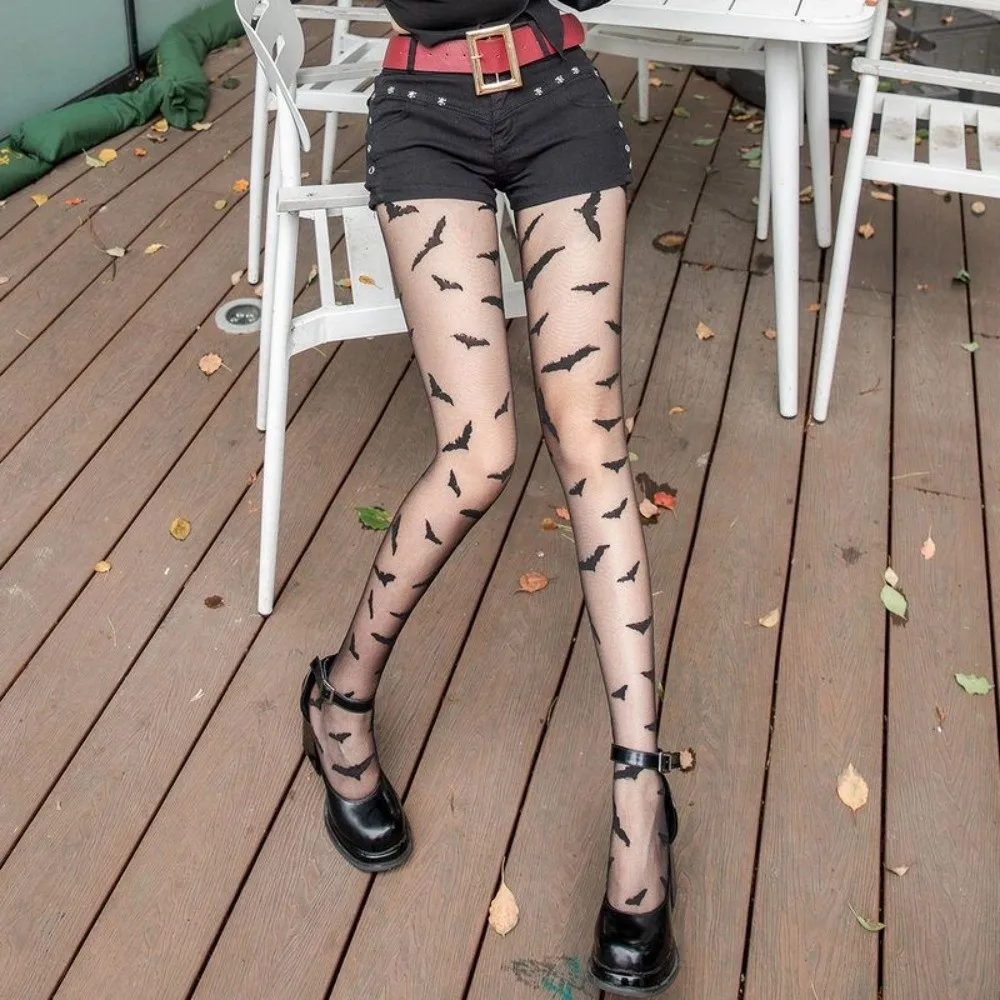 Vintage High Waist Halloween Pantyhose Elasticity Spider Web Bat Pattern Tights Gothic Witch Pantyhose Stockings Y2k Style