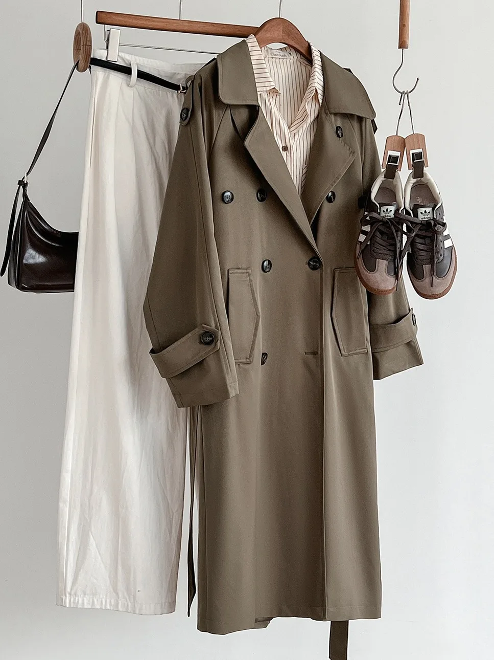 Women's Autumn 2025 Long Trench Coat Khaki Colorous High Waist Silhouette Ele Sle Coat Loose Fit Korean Casual Sle