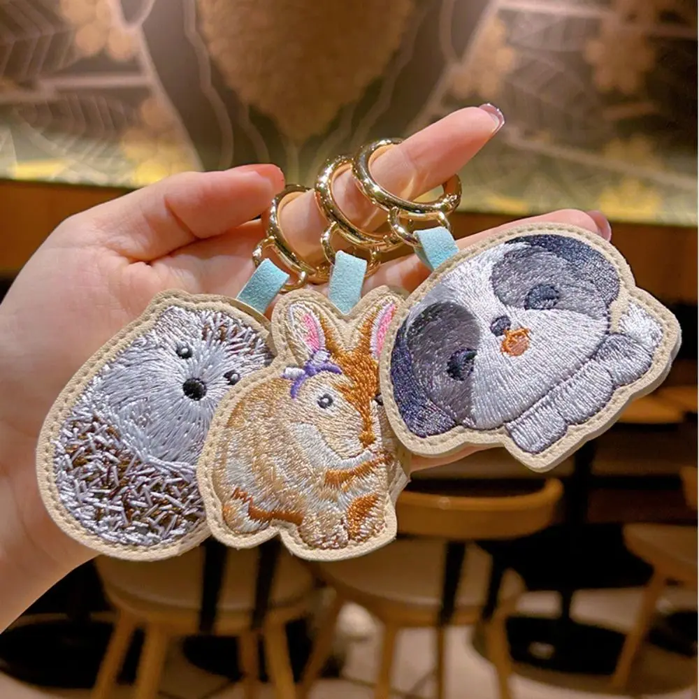 

Kawaii PU Leather Embroidery Rabbit Keychain Hedgehog Dog Cartoon Animal Pendant Bag Hanging Cute Car Keyring Key Decoration