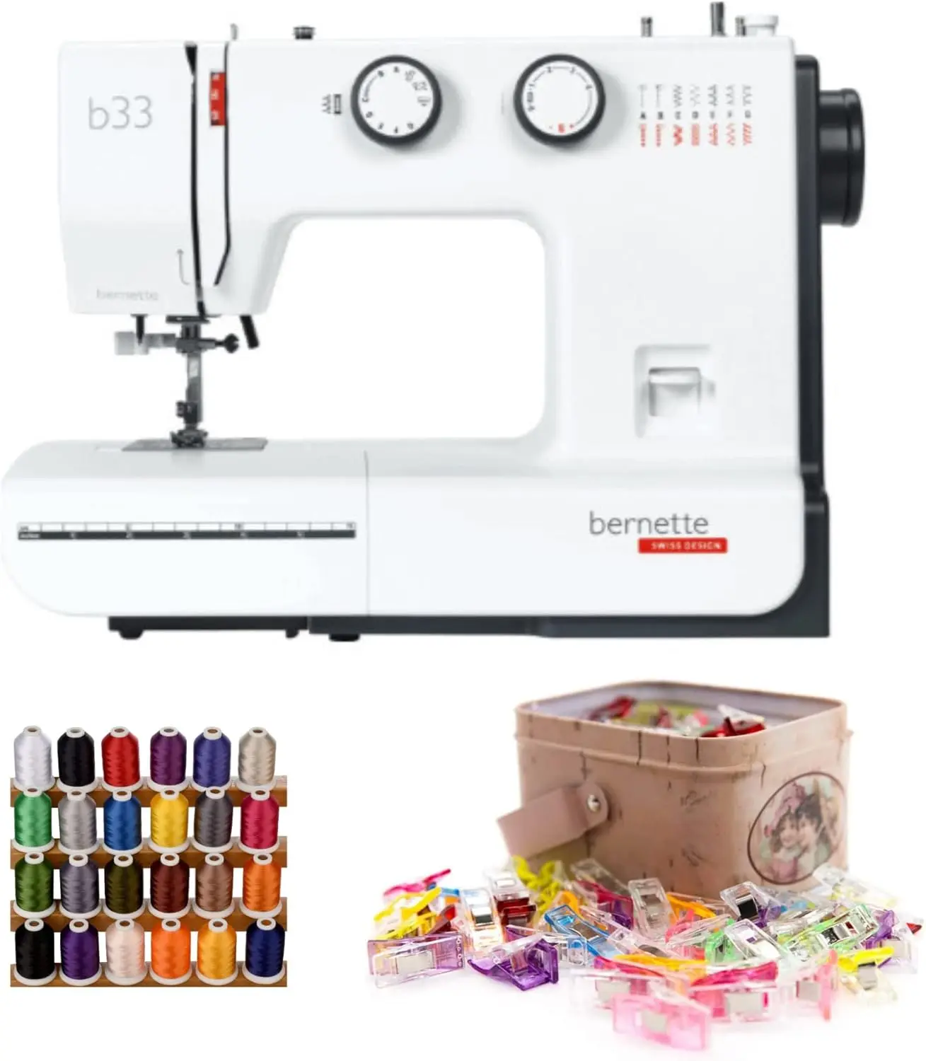 

33 Swiss Design Sewing Machine Bundle With Multipurpose Sewing Clips And Miniking Trilobal Polyester Spool (3 Items)