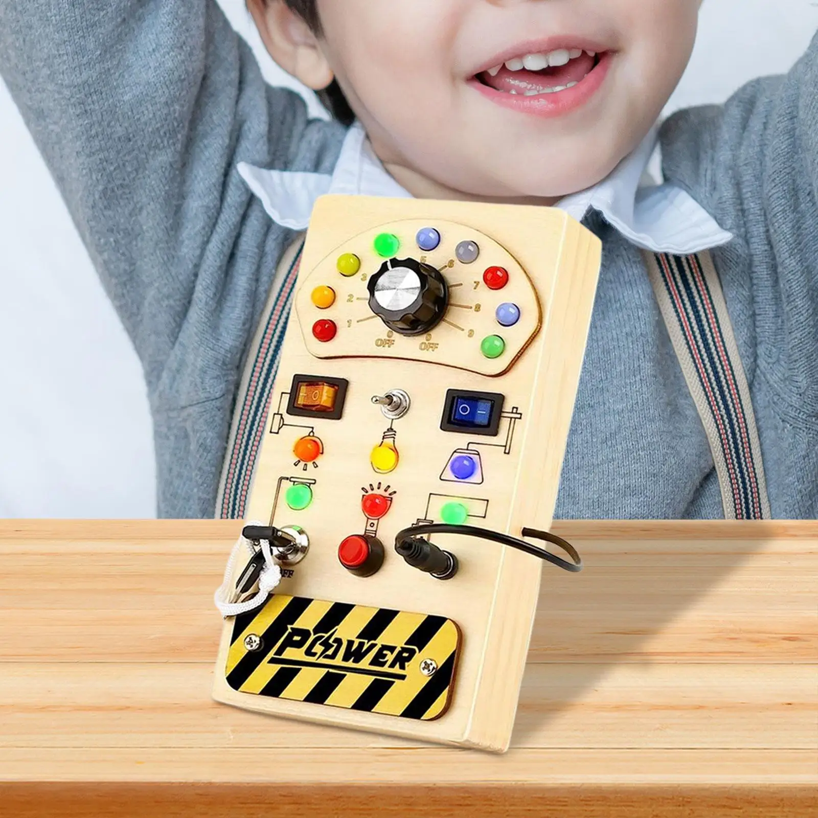 Montessori Wooden Busy Board with Buttons and Lights Switch Sensory Toy for Toddlers Fine Motor Skills Learning Activity Panel