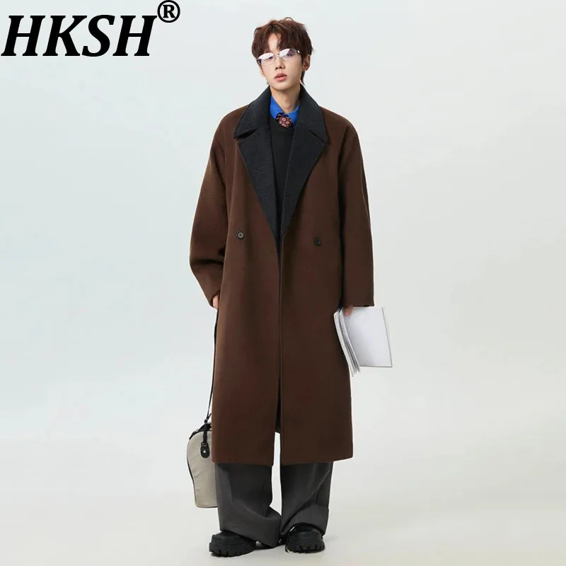 HKSH Autumn Winter New Men Niche Design Notched Contrast Color Mid-Calf Sashes Wool Blends Overcoat Trendy Thick Trench HK15338