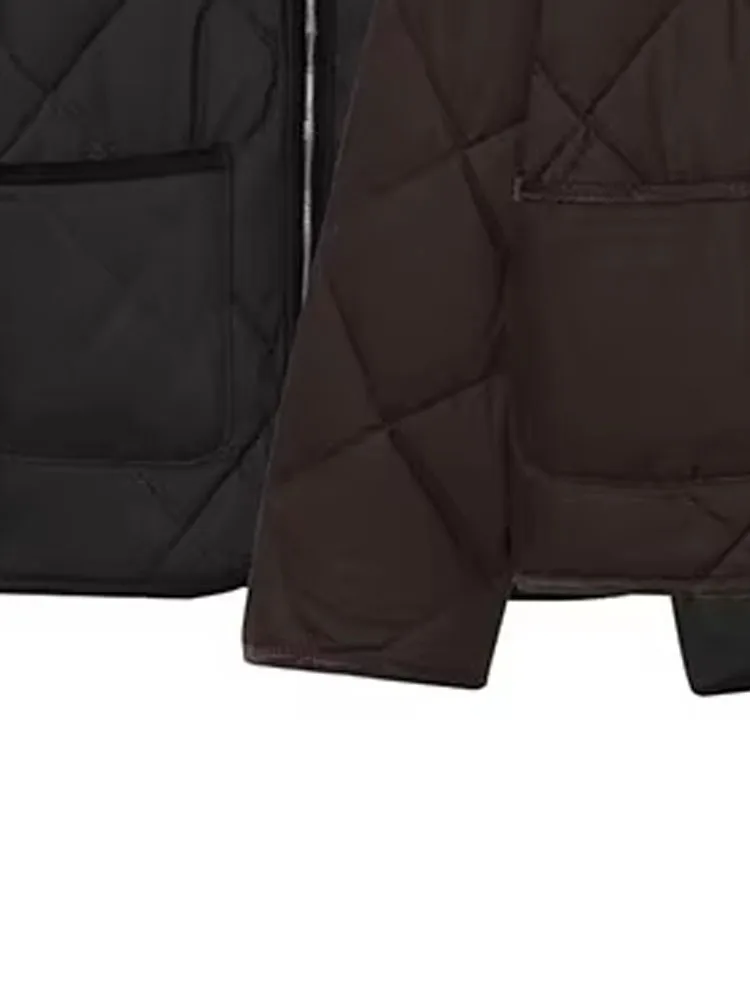 

HH Woman Winter Versatile Long Sleeves Lapel Pocket Decoration Zipper Quilted Coat Female Casual Comfortable Warm Cotton Jacket