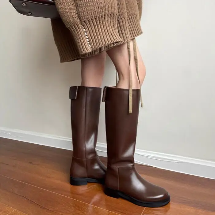 

Fashion Brown Cow Leather Back Brown Knee Boots Woman Round Toe Flats Tube Slip On Knight Boots Shoes