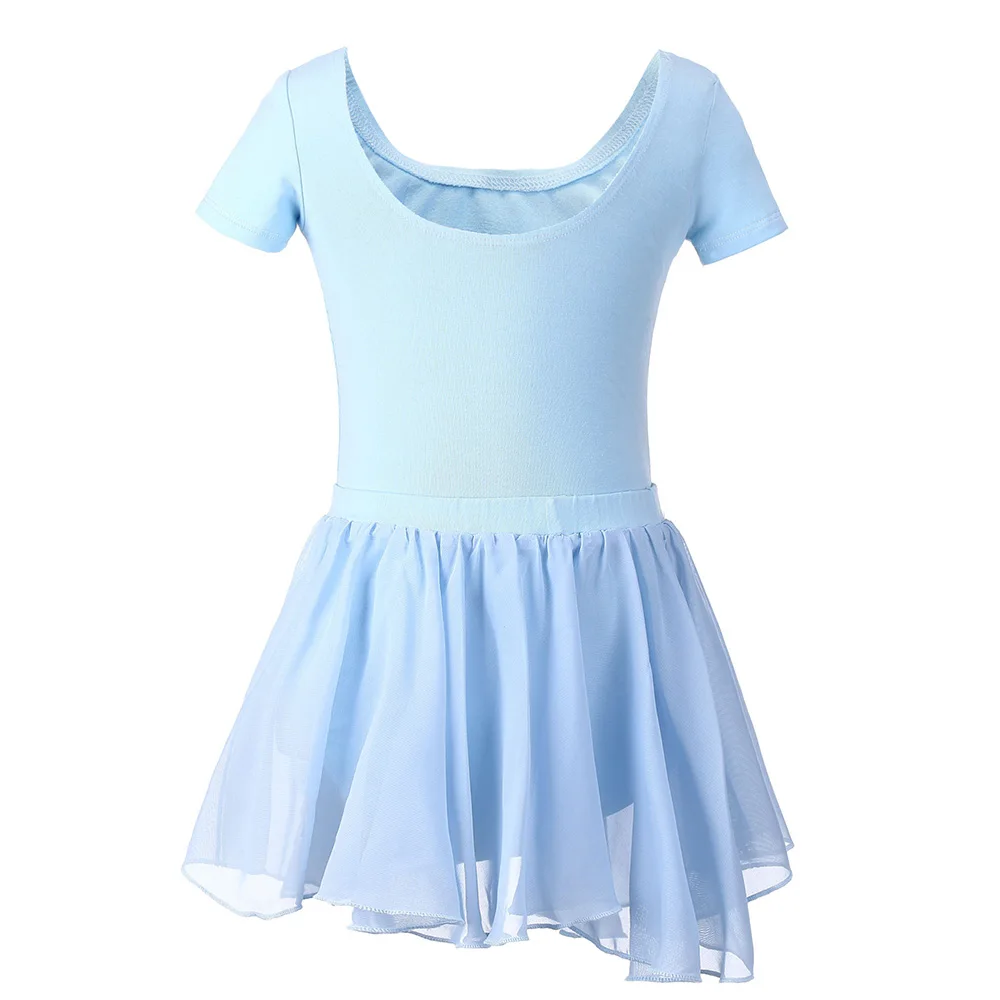 ブルー体操レオタード-ライクラ-キッズダンス衣装-女の子用バレエレオタード-スカート付き-ダンスウェア