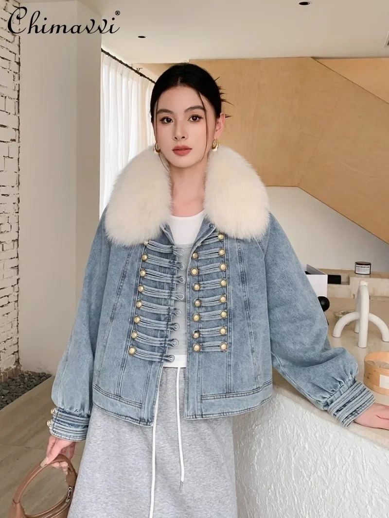 2024 ฤดูหนาวที่ถอดออกได้ Fox Hair DENIM FUR JACKET สําหรับผู้หญิง