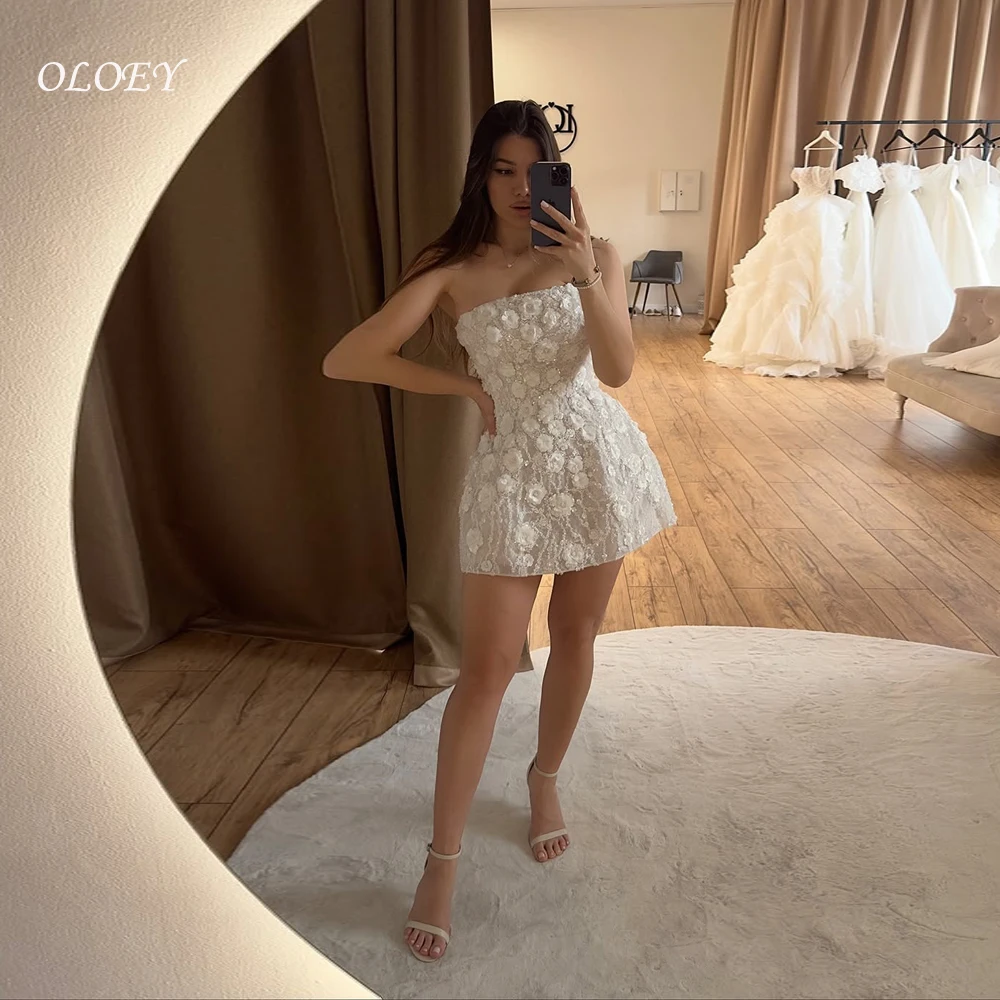

OLOEY Мини-свадебные платья цвета слоновой кости с 3D цветами и аппликациями Короткие свадебные платья Вечерние платья без рукавов для выпускного вечера 2024 для женщин Вечернее платье