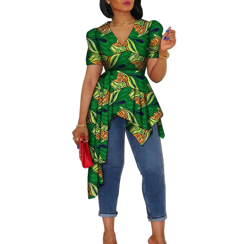 

Женская рубашка, топ, африканская одежда для женщин, Дашики, женская рубашка с коротким рукавом, модный африканский топ с v-образным вырезом, большие размеры Wy9921