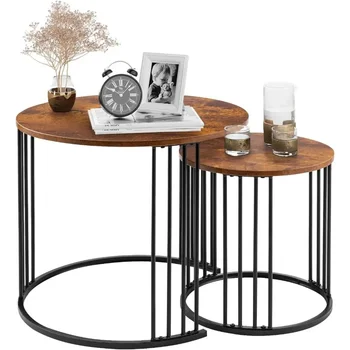 Image Nesting Coffee Table Set of 2, Round Table, Morden End Side Table Night Stand for Bedroom Dining Room (Brown)