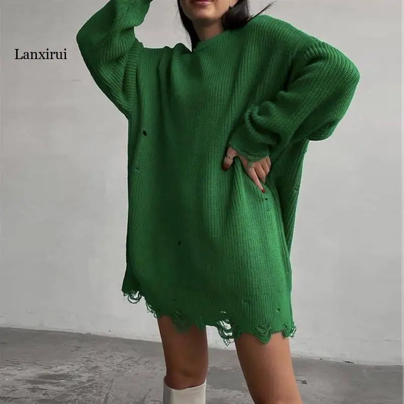 Neon Turtleneck Sweater Women Oversize Loose Casual FashionPullovers Autumn Winter Long Sweater Dress Fluorescent Green Jumper