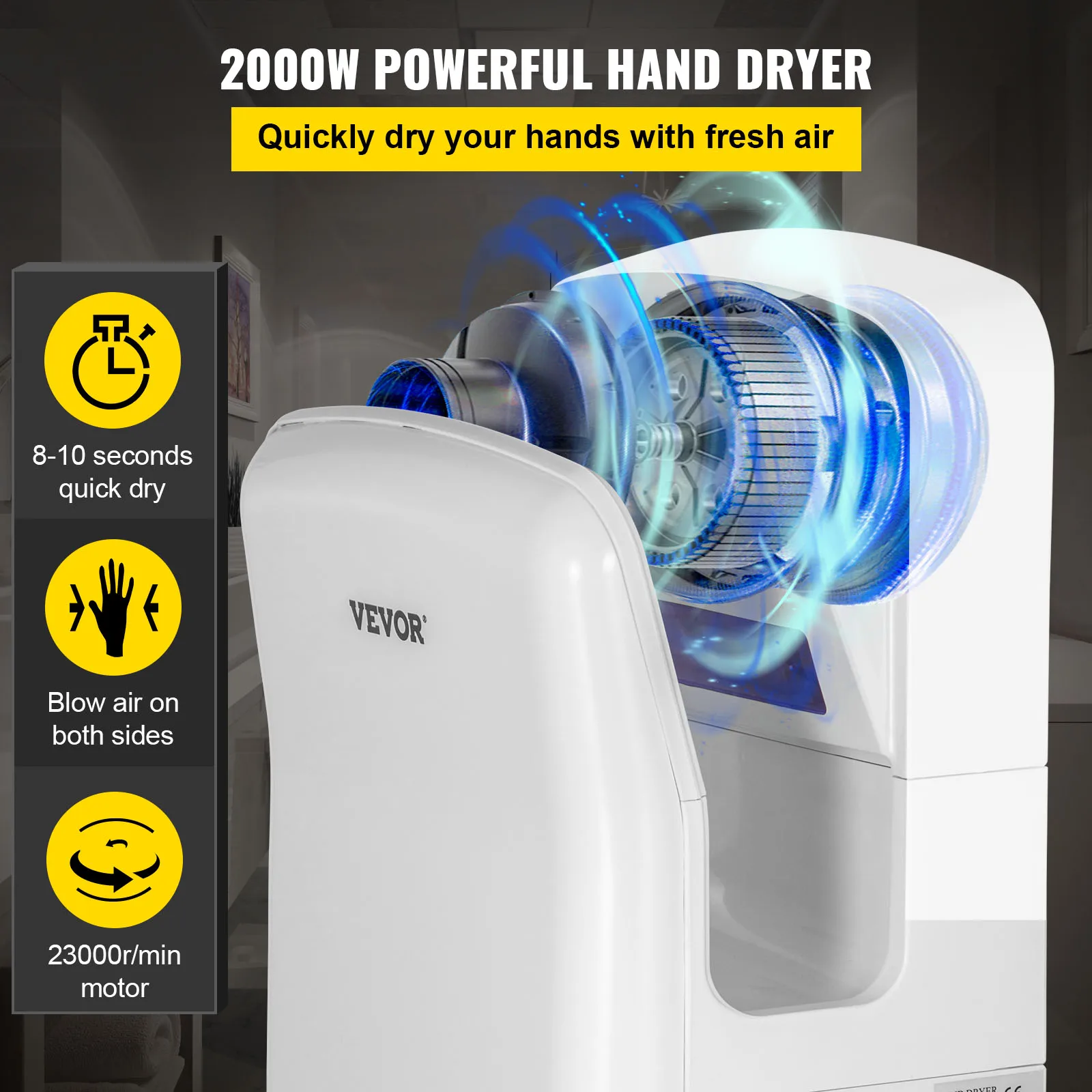 VEVOR Hand Dryer Machinery Automatic High-speed Jet Double-sided Secure Robust Material Blade for Washroom Multicolor All Season