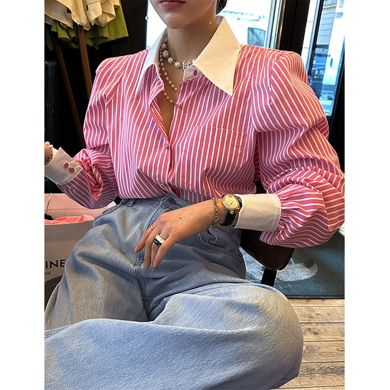 Elegant Striped Shirts Women Streetwear Patchwork Long Sleeve Blouses Ladies Korean Fashion Single Breasted Loose Causal Tops