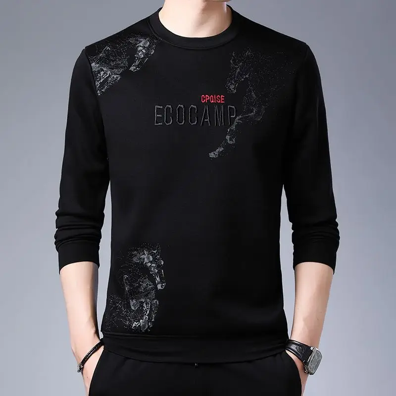 Korean Trend Loose Men\'s Round Neck Pullovers Tops 2023 Spring Autumn Fashionable Embroidery Long Sleeve T-shirt Male Clothes