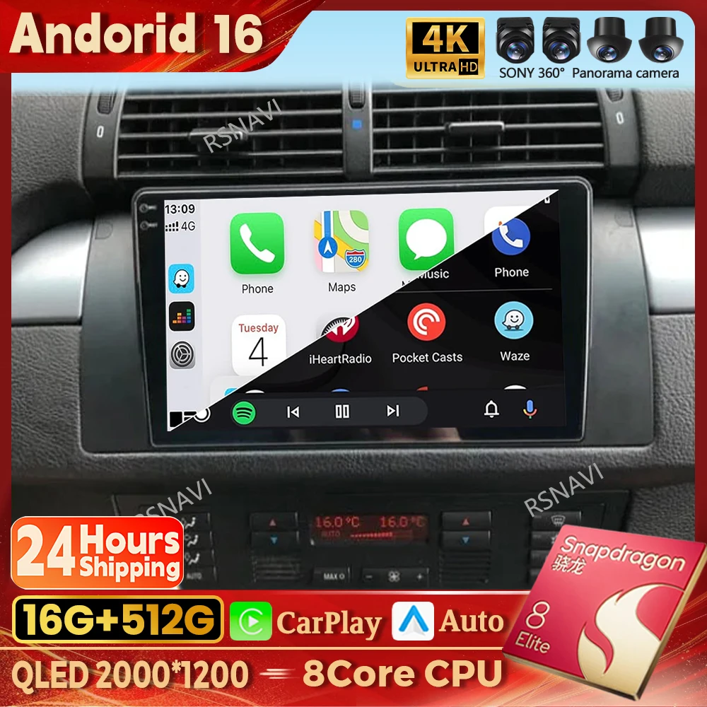 Android 16 Car Radio For BMW X5 E39 E53 1999 2000 - 2006 Carplay Auto Navigation Video DSP 360 Camera Head Unit BT Stereo Player