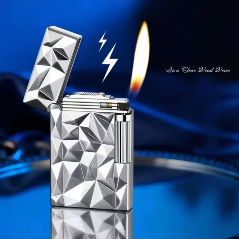 New Side Sliding Grinding Wheel Oblique Fire Lighter Portable Outdoor Inflatable Carved Langsheng Steel Sound Lighter Men's