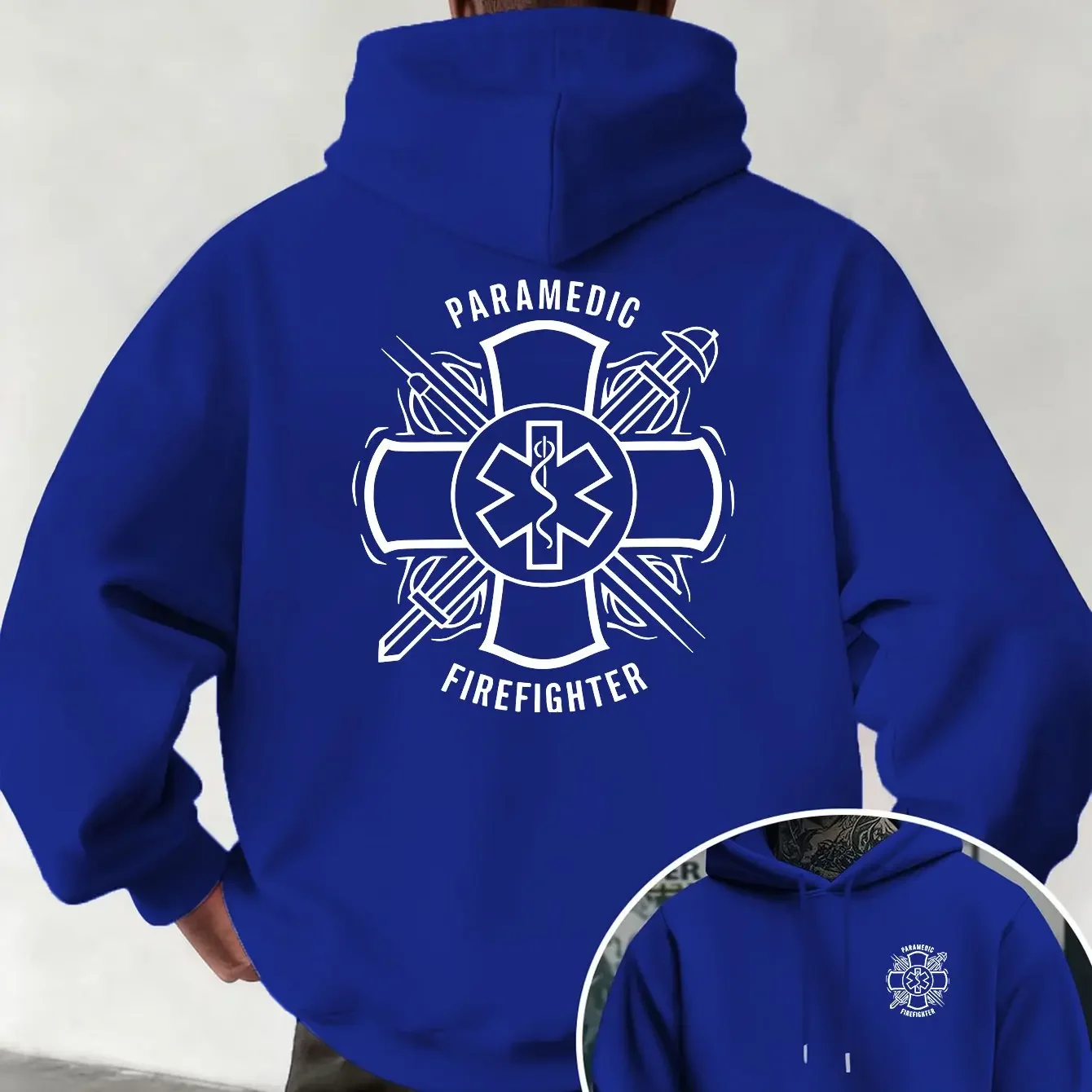 Men Women EMT Fire Rescue Symbol Graphic Two‑Sided Hoodie Paramedic Firefighter Pride Oversized Streetwear Pullover