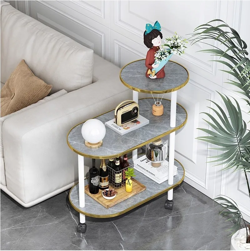 Home mobile trolley table indoor living room multi-functional multi-layer light luxury rock slab edge few solid wood sofa edge