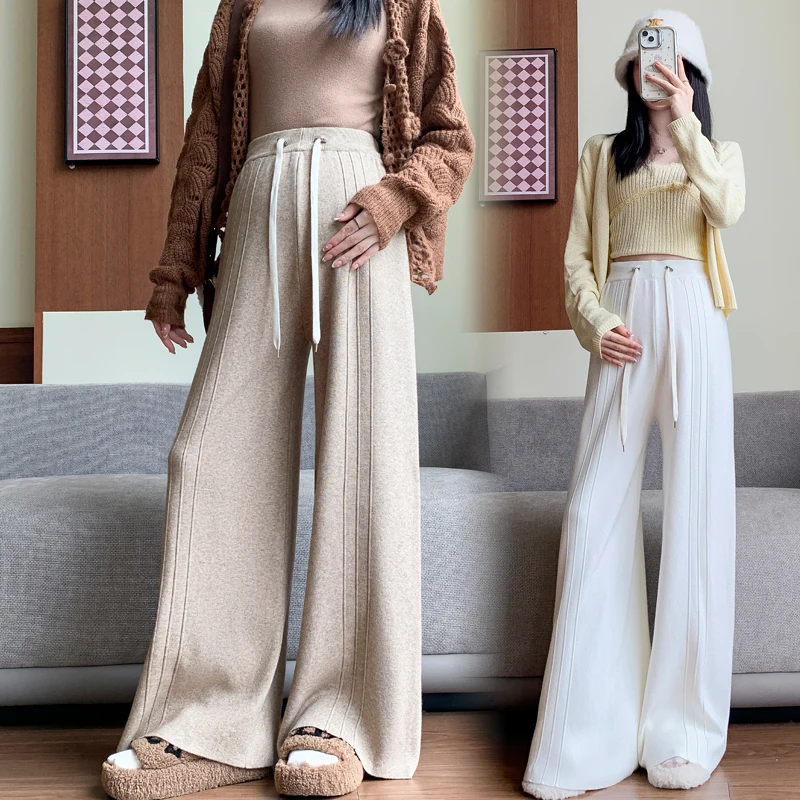 

Удобные послеродовые брюки для беременных, осенне-зимние вязаные прямые широкие брюки, повседневные узкие брюки длиной до пола для беременных