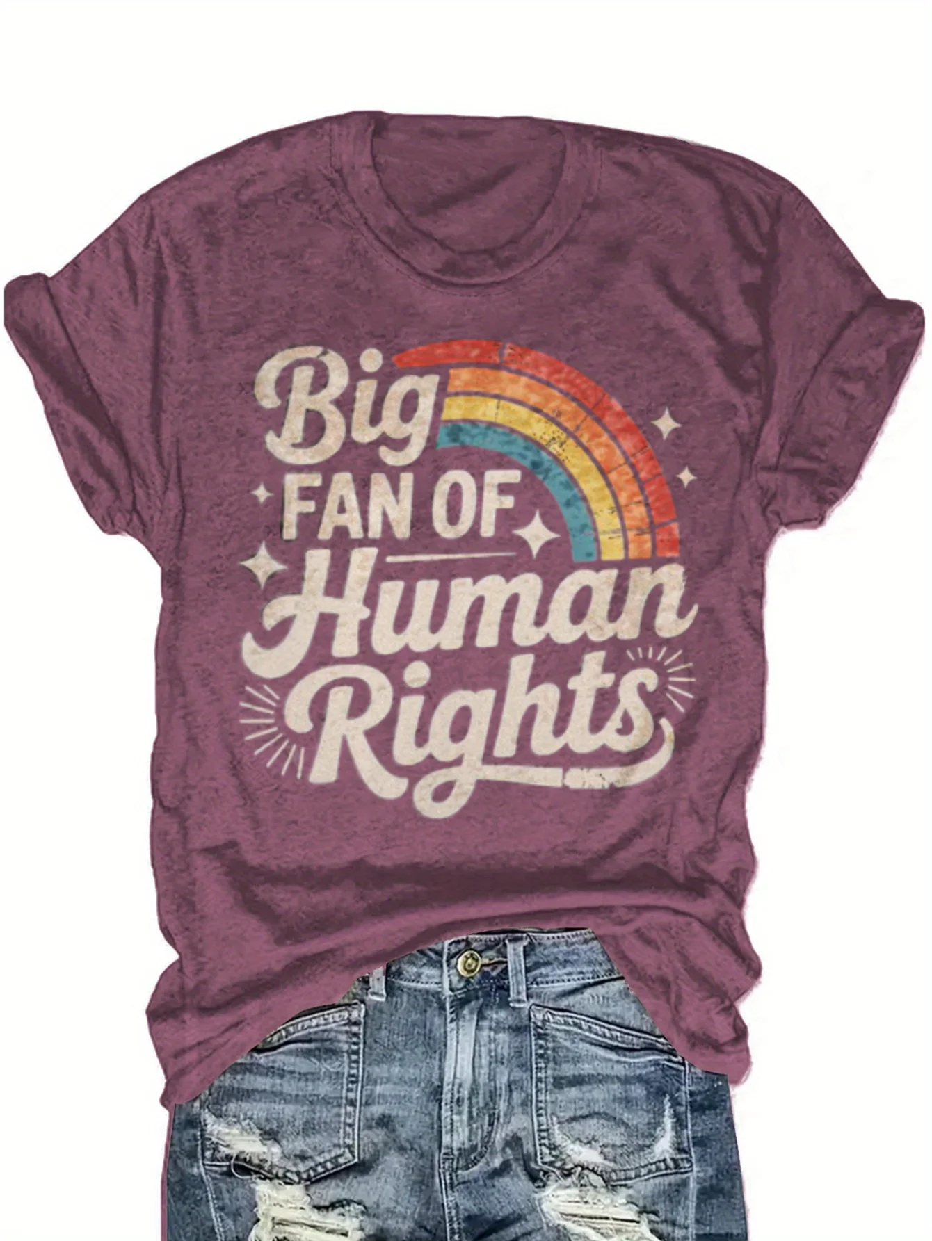 Camiseta de mujer Big Fan Of Human Rights - Gráfico retro de arcoíris, top morado informal