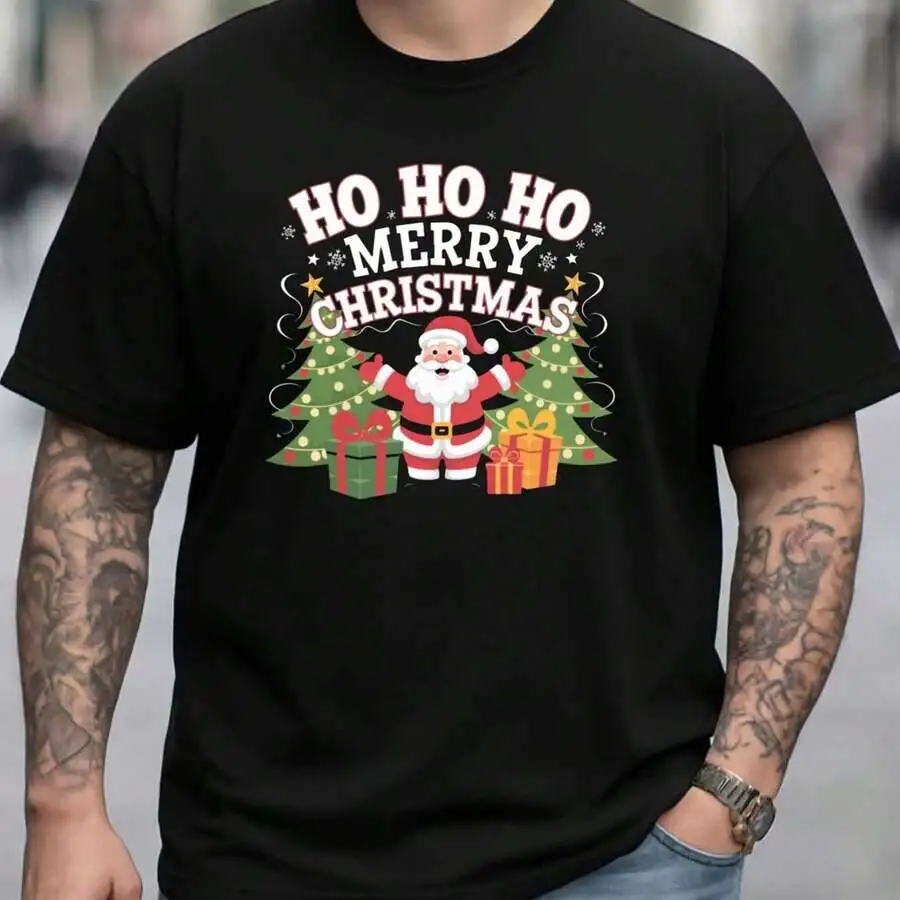 Men's 180Gsm Black T-Shirt With Ho Print Short Sleeve Round Neck Tee Holiday Parties, Xmas Gifts & 100% Cotton Trendy Y2K