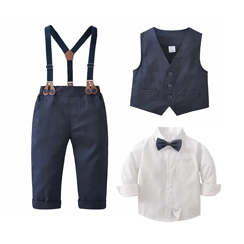 

Spring Infant Toddler Party Birthday Baby Clothing Set 5PCS Gentleman Baby Boy Formal Dark Blue Vest Suits Clothes Set Bow Tie