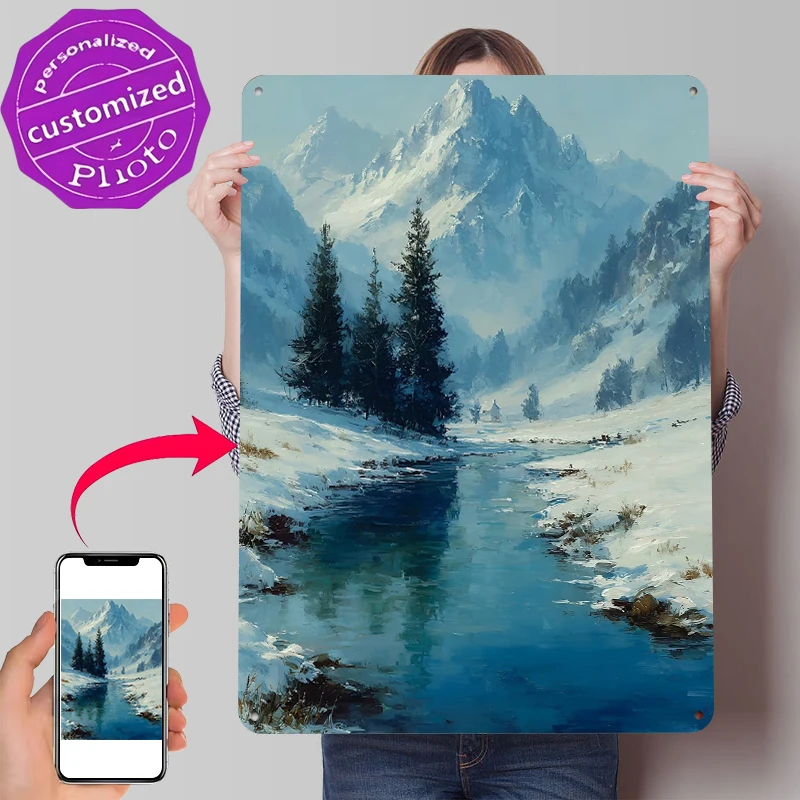 Winter Mountain Landscape With River Metal Poster Customized Wall Art Retro Vintage Metal Signs for Man Cave Office Decoration