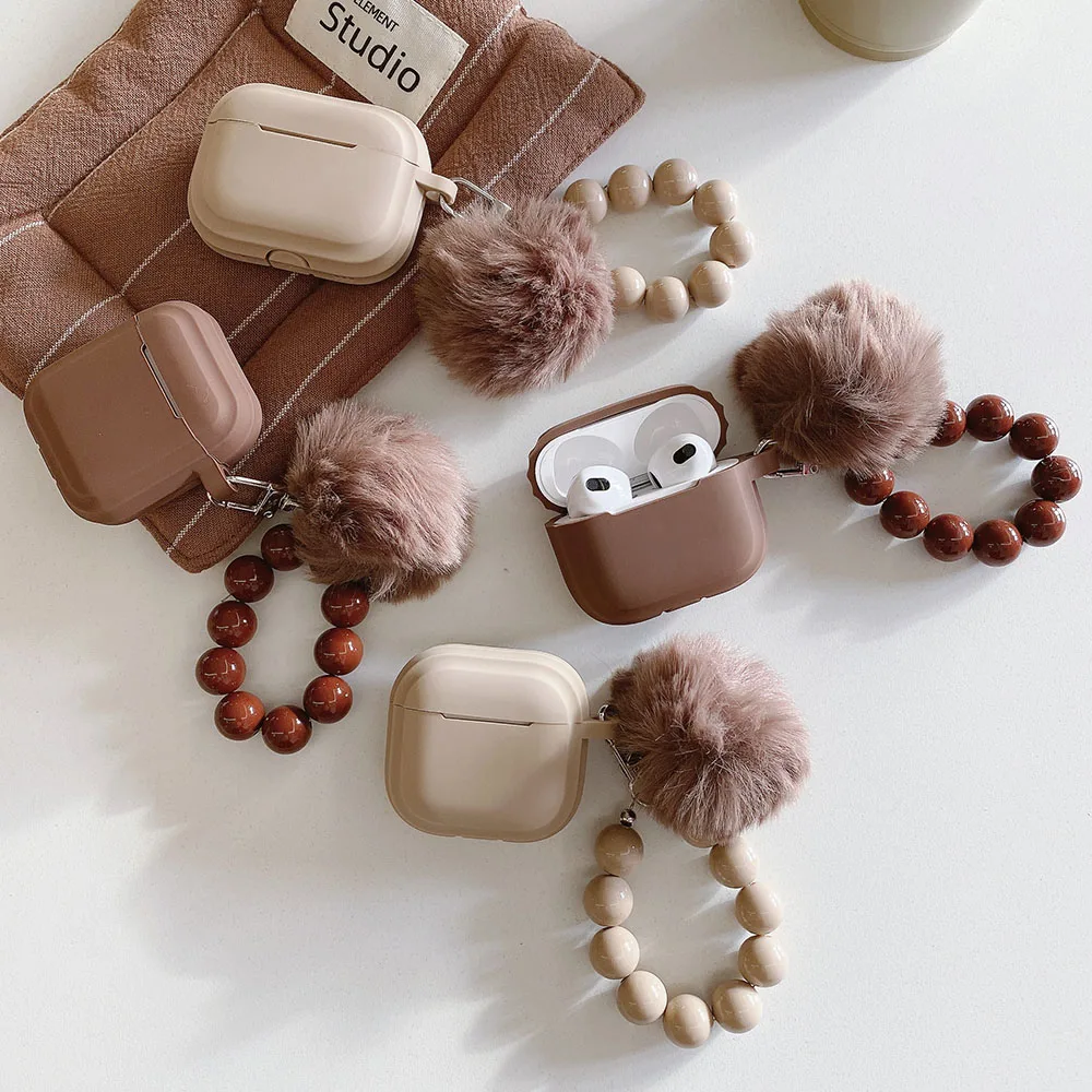 Caramel Color Soft Silicone Earphone Case with Bead Bracelet Couple For Apple Airpods 4 1 2 3 Pro 2 Bluetooth Charging Box Case