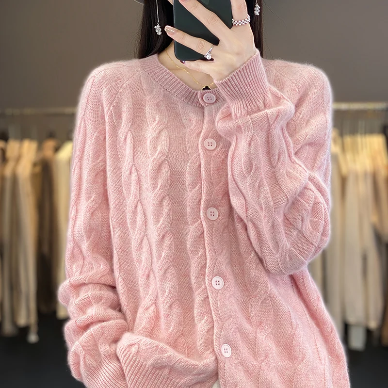 

Women Cardigans Sweater O-neck Spring Autumn 100% Wool Knitted Cardigan Solid Single Breasted Jacket Winter Lady Casual Tops