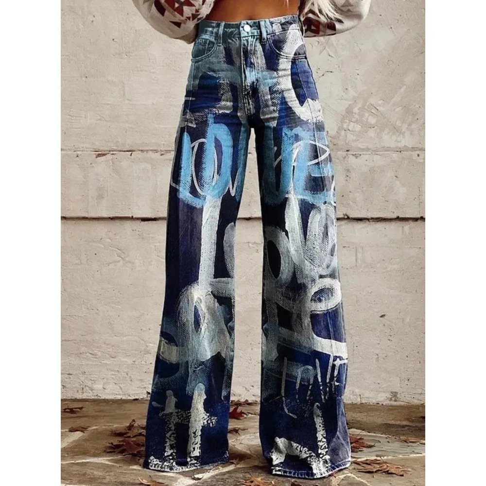 Damen Y2K Retro Print High Waist Wide Leg Pants Hip Hop Punk Streetwear Ästhetische Lässige Weite Hosen mit Taschen XXS-3XL – Detail 5