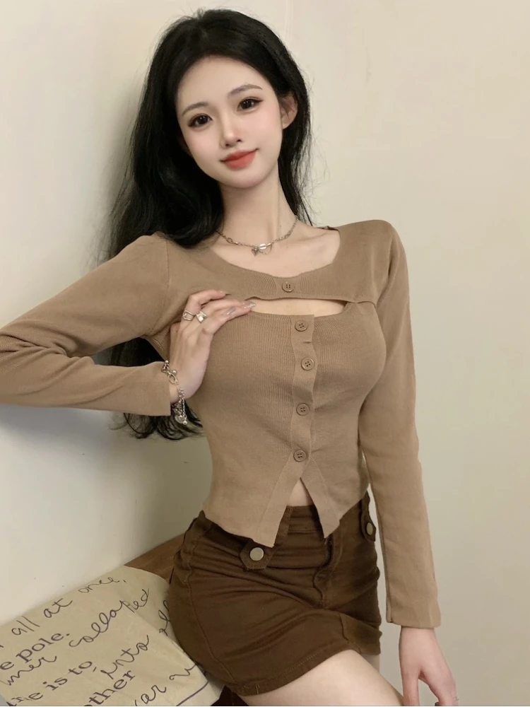 

Pullover Women Hollowed Out Top Sexy Solid Color Long Sleeved Slim Fit Female Clothing Party Wear Spring Autumn O-neck Cardigan