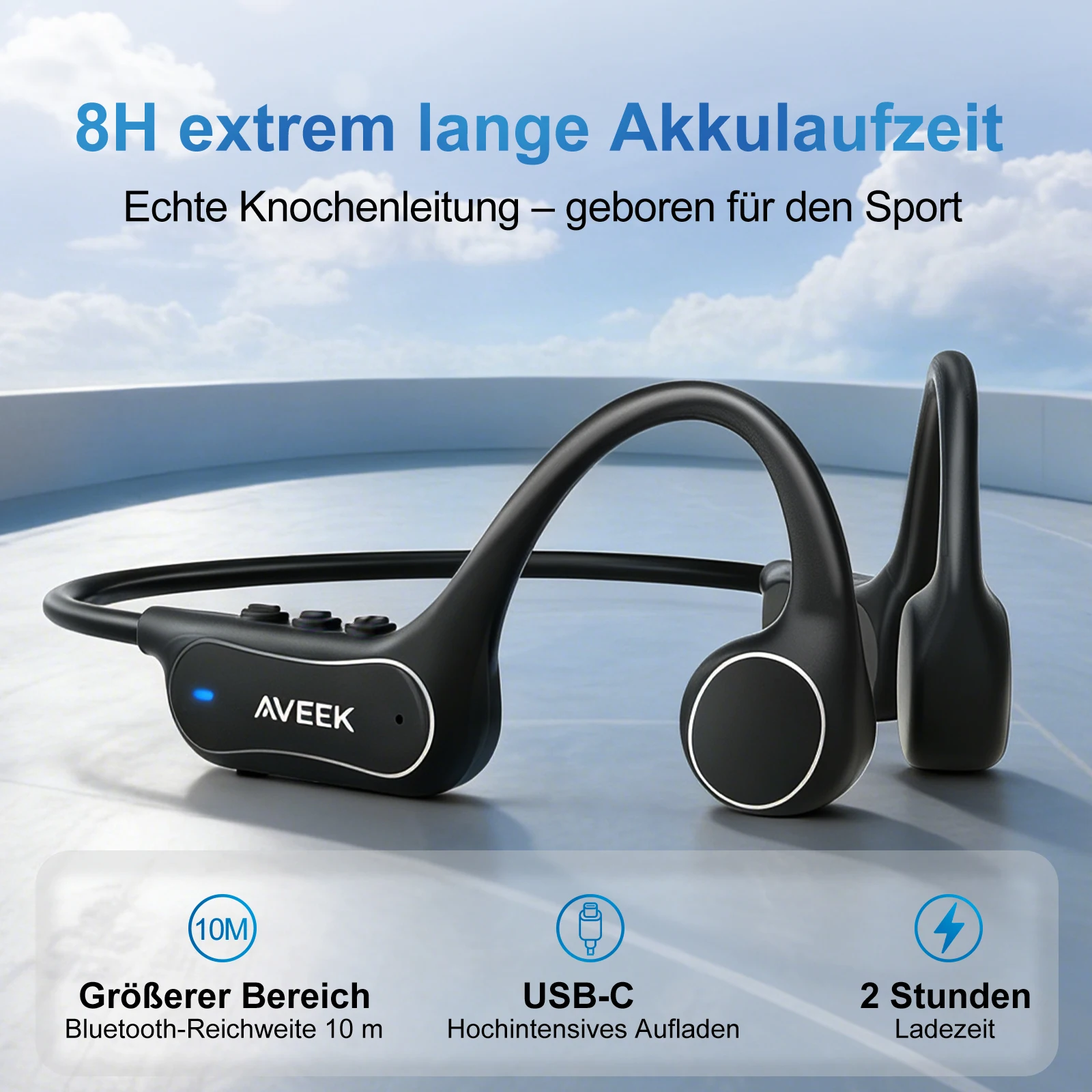 Aveek Knochenleitungs-Bluetooth-Kopfhörer, ideal zum Laufen, Radfahren und für Fitness, mit IPX5 wasser- und schweißfestem Schutz.