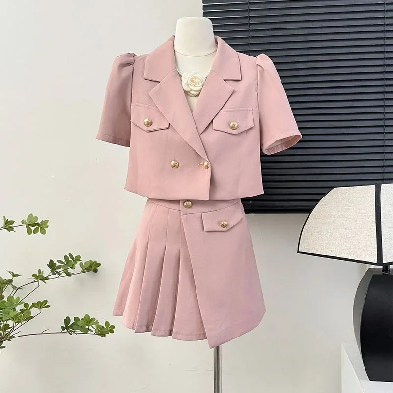 

High Quality French Outfits Summer New Clothes Women 2 Piece Set Sweet Fashion Short Jacket Coat + Pleated Skirt 2 Piece Suits