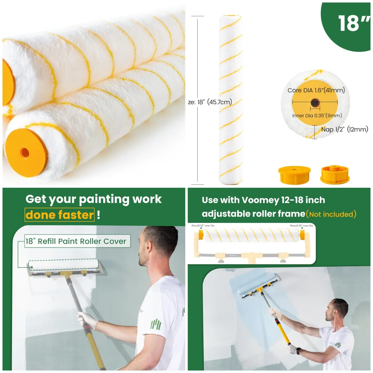 

18 Inch Microfiber Paint Roller Covers (Pack of 3, 1/2' Nap) for Walls & Ceilings