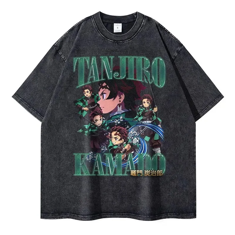 Anime Demon Slayer magliette Vintage Washed Kimetsu T-shirt oversize lavato T-shirt stampa Vintage Hot Stamping 100% cotone