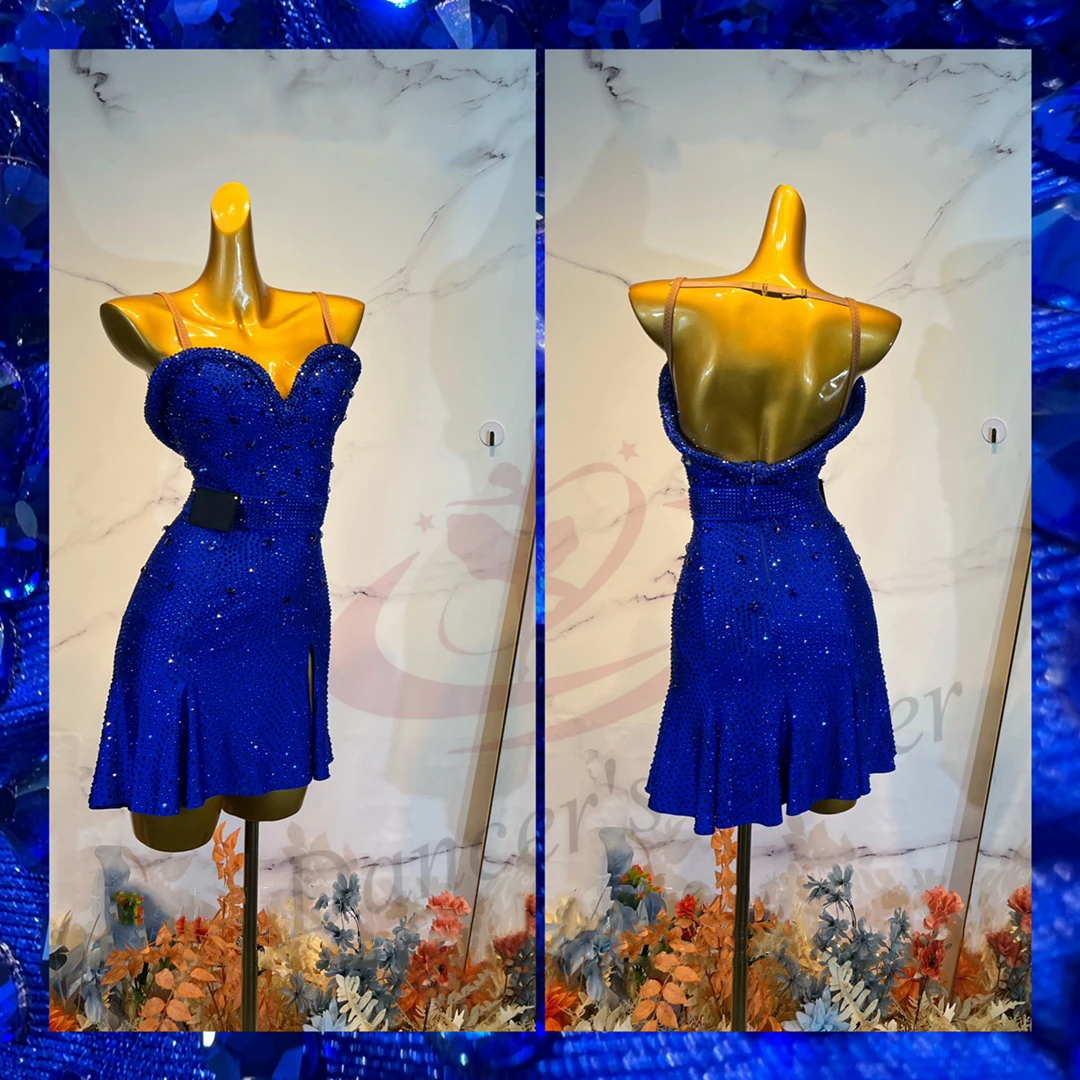 

Женское элитное платье для латинских танцев с бриллиантами, синяя юбка с разрезом на груди, платье для танцев самбы, платье для выступлений