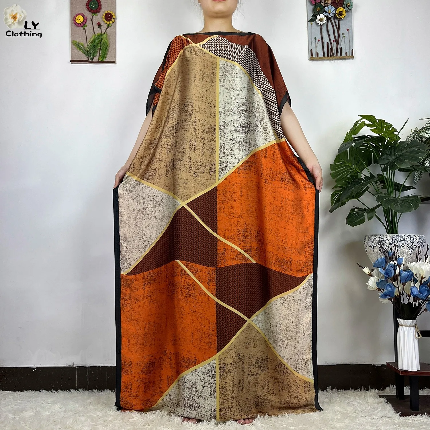 2023 New African Fashion Short Sleeve Colored Pattern Dubai Women Summer Real Silk Soft Printing Loose Tradition Muslim Dress
