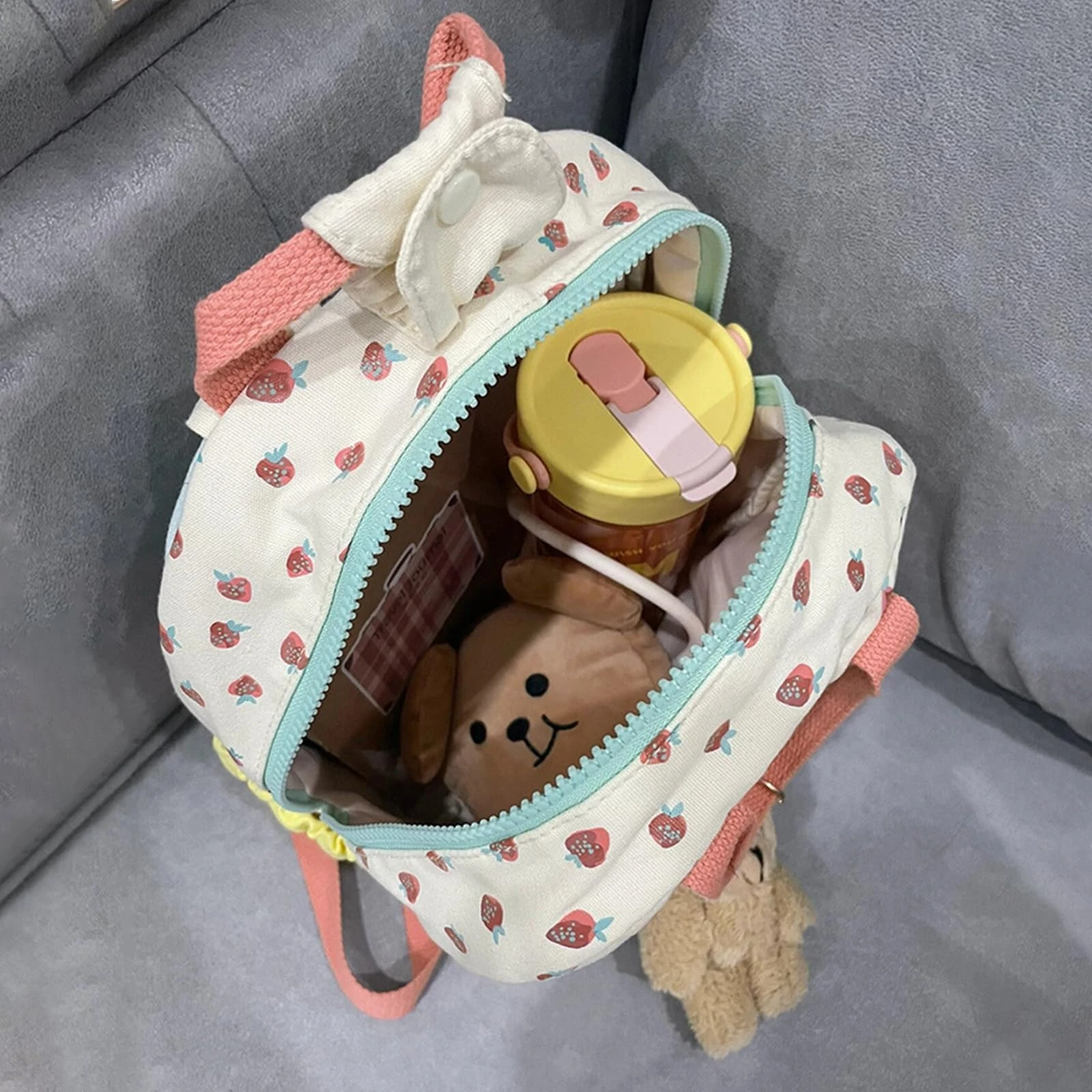 Personalisierte, modische, süße Erdbeer-Rucksacktasche aus Canvas mit besticktem Namen für Kleinkinder, personalisiertes Geschenk für Mädchen zum Schulbeginn – Detail 7