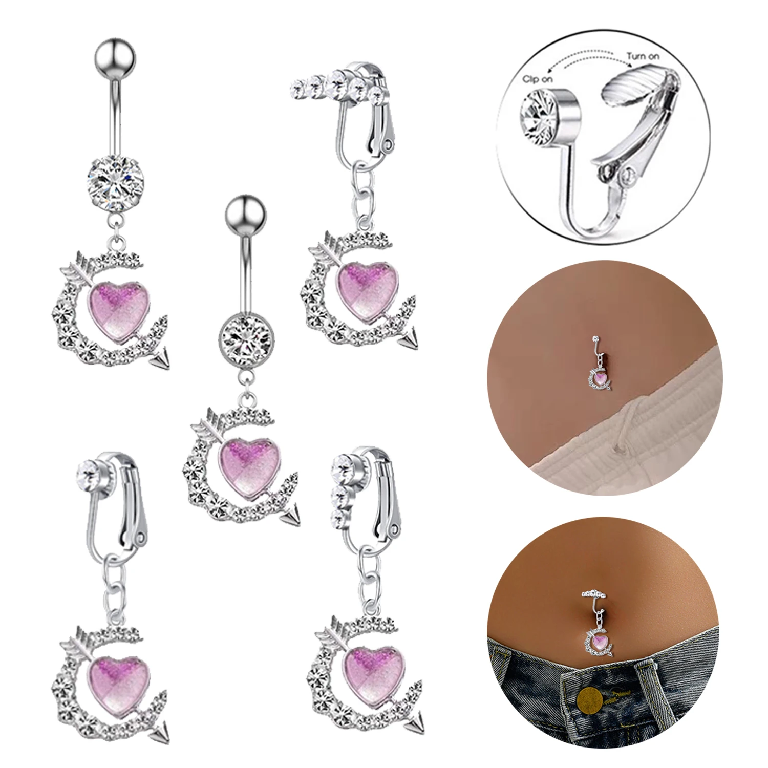 Piercing falso para el ombligo Umbilical para mujer, Piercing con forma de corazón, pendiente de cartílago, Clip de Luna