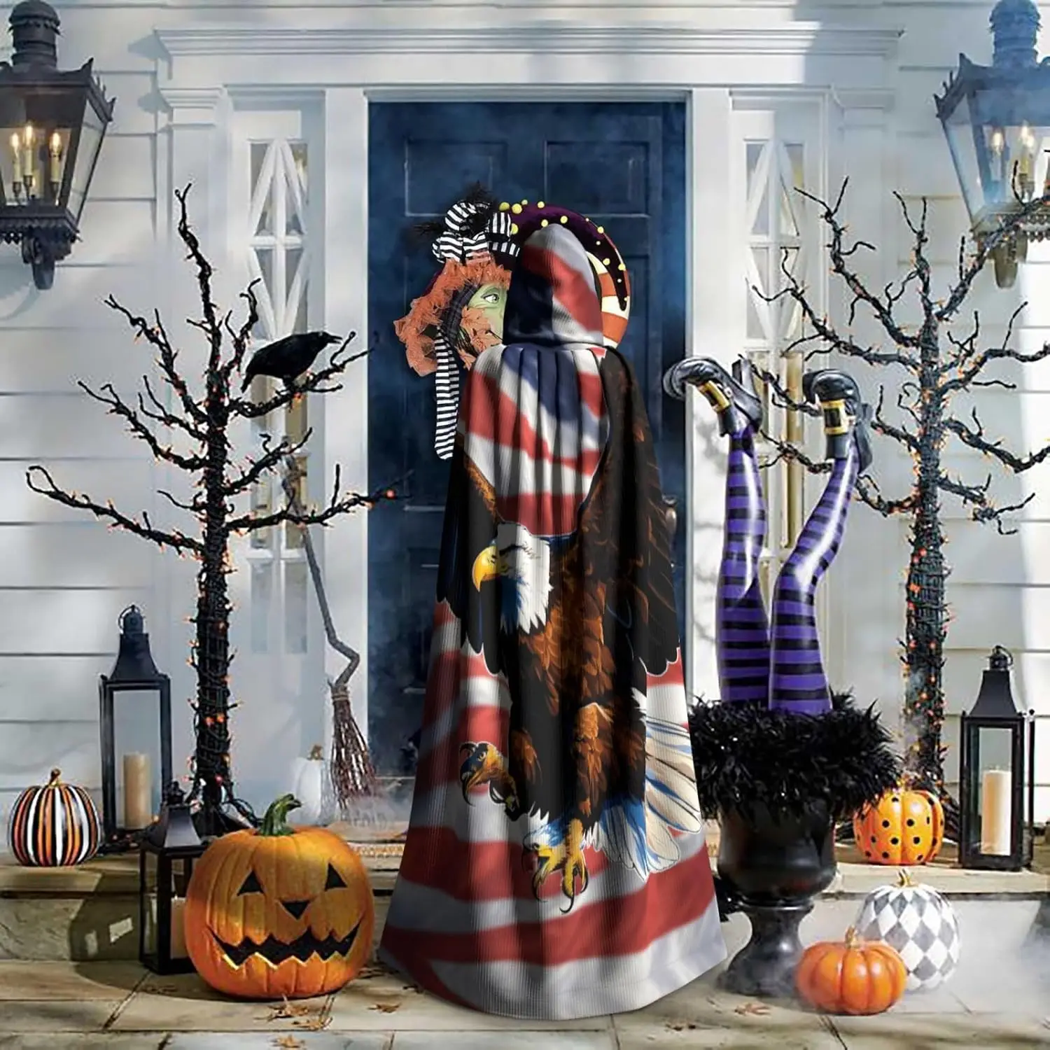 Mantello con cappuccio con stampa bandiera Mantello universale per adulti Costume da strega Costumi di Halloween Mantello di carnevale mantiene caldo Resistente all'acqua