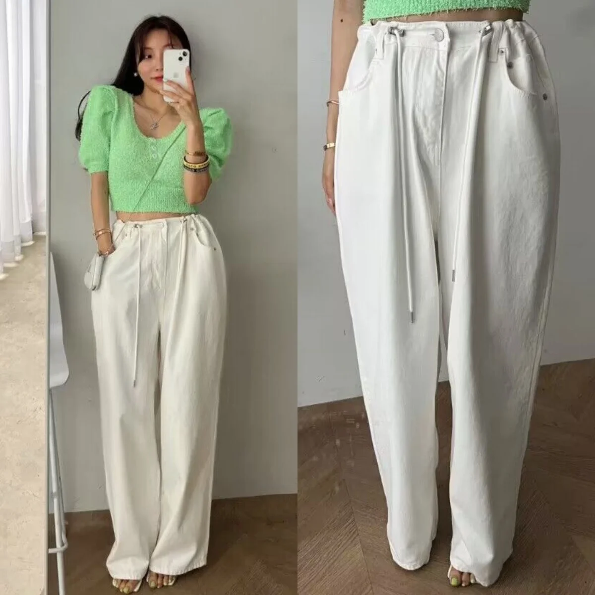 Loose Straight Leg High Waist Wide Leg Jeans Adjustable Waist Lazy Slimming Korean Style Casual Long Pants Women's Denim