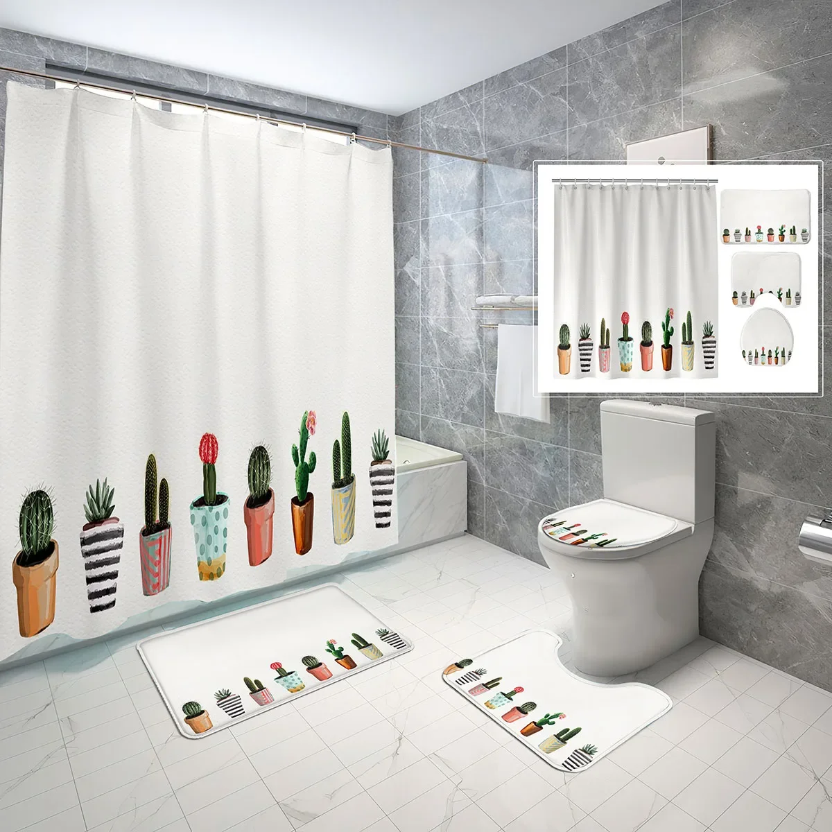 4 Pcs Cactus Bathroom Shower Curtain Set with Non-Slip Rug,Toilet Lid Cover and Bath Mat,Simple Succulents Shower Curtain Set