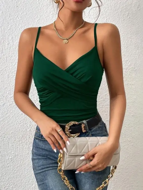 

Women Camisole Vest 2026 Summer Tailored Sexy and Simple V-Neck Cross Pleated Design Sleeveless Camisole Vest Suitable for Daily
