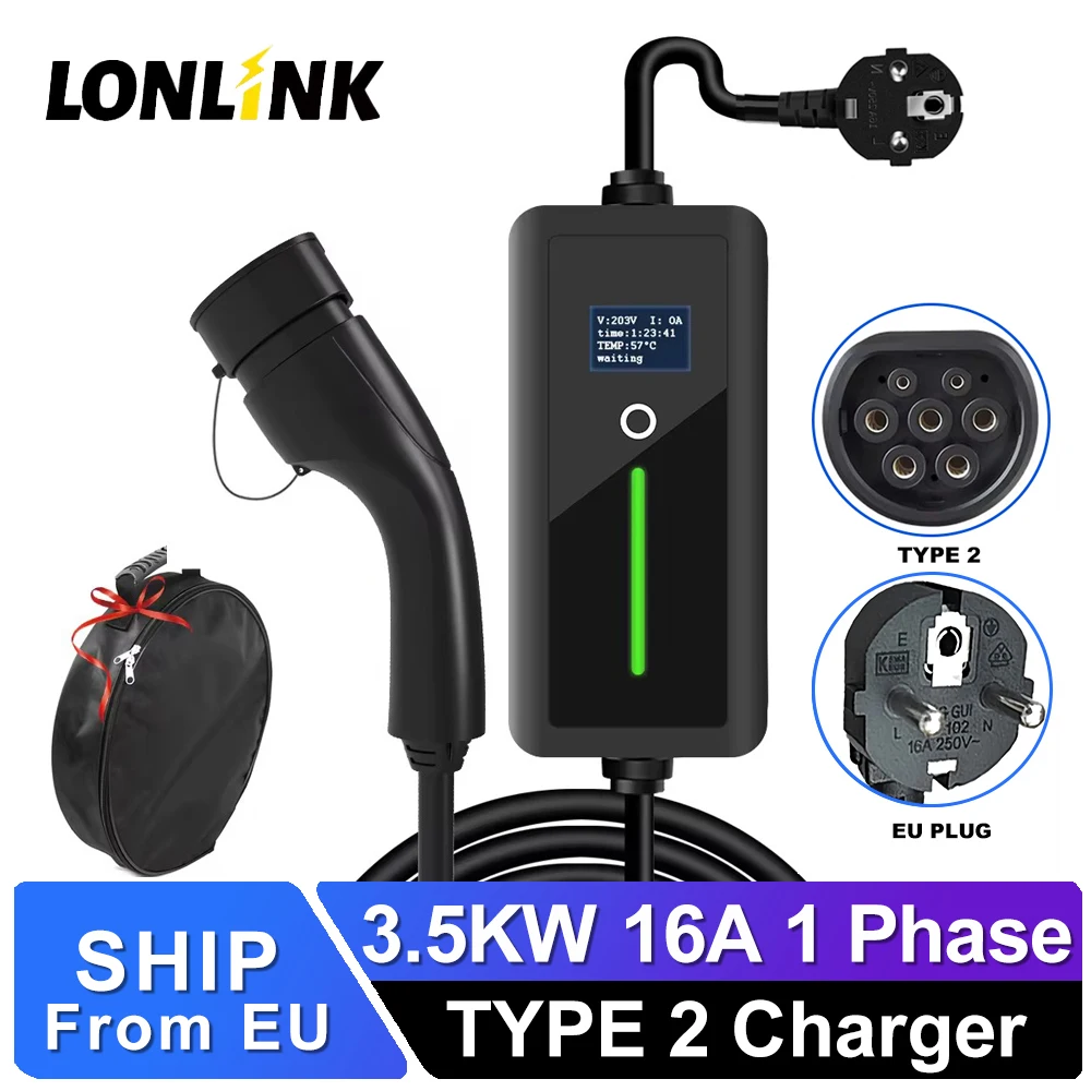 LONLINK Ev Charger Type 2 charger 3.6KW 16A 5 meter level 2 evse wall box charger 240v ev charger EU plug Electrical cardevices