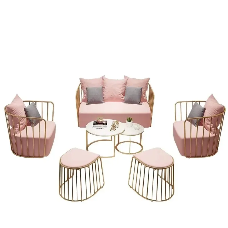 Modern pink gold metal frame sofa set with coffee table and stool, suitable for beauty salons, comfortable and durable,